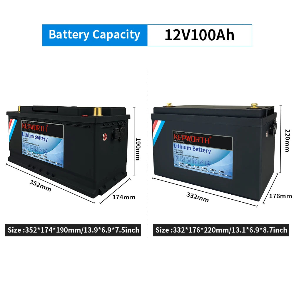 12V/24V LiFePO4 Battery with BMS - 30/50/100/120/135/300Ah for Golf Cart, Solar, RV, EV - Long Lifespan