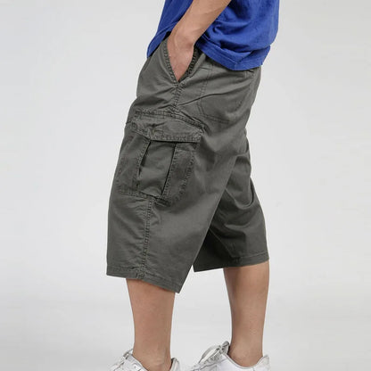 2025 Men Summer Multi-Pocket Baggy Cargo Cotton Calf Length Pants Casual Trouser Male Large Solid Color Shorts Plus Size Xl-6Xl