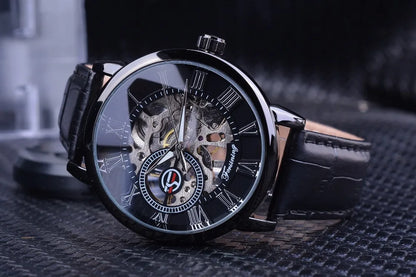 Forsining 3d Logo Design Hollow Engraving Black Golden Case Leather Skeleton Mechanical Watches Men Luxury Brand Heren Horloge
