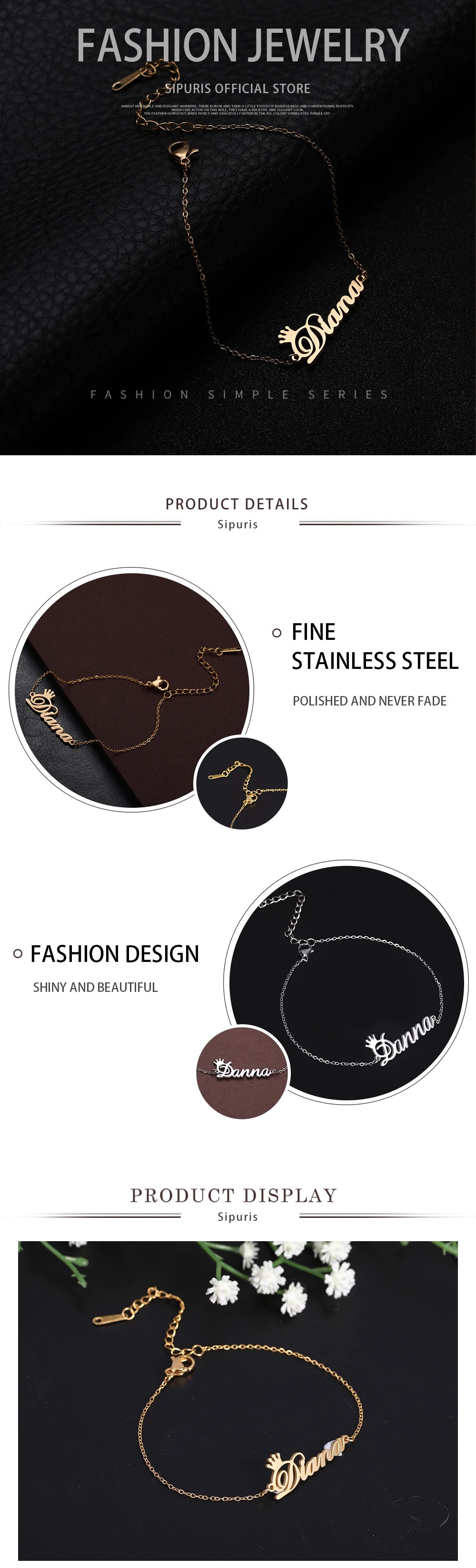 Sipuris Custom Name Bracelets With Crown For Women Stainless Steel Customized Personalized Unique Bracelet Jewelry Gifts