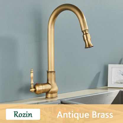Rozin Antique Brass Kitchen Faucet Pull Out Spout Kitchen Faucets Black Single Hole Swivel Hot Cold Water Kitchen Mixer Tap