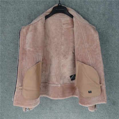 CC SHop Best.Guarantee Genuine leather jacket with fur.Winter warm women 100% shearling coat.Street sheepskin with wool jackets