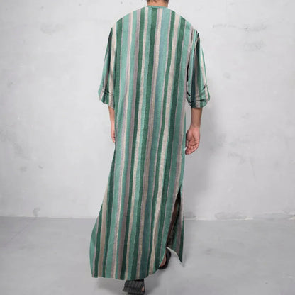 New Men Islam Qamis Muslim Striped Robes Long Sleeve Button-down Arabian Kaftan Suit Middle East Dubai Abaya Summer Man Clothing