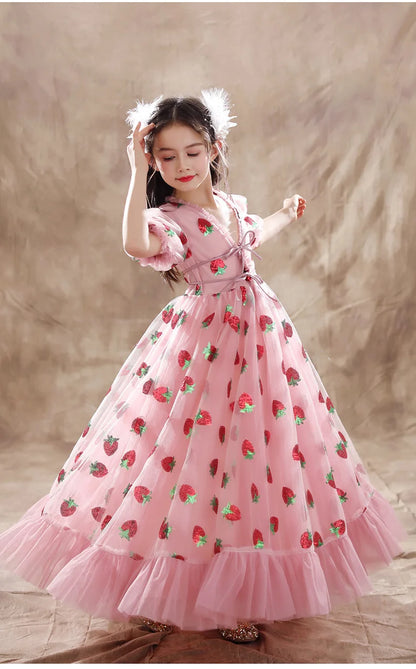 Girls Sequins Strawberry Pink Dresses Kids Dance Show Gowns Teen Girl Wedding Bridal Clothes Teenagers First Communion Dresses