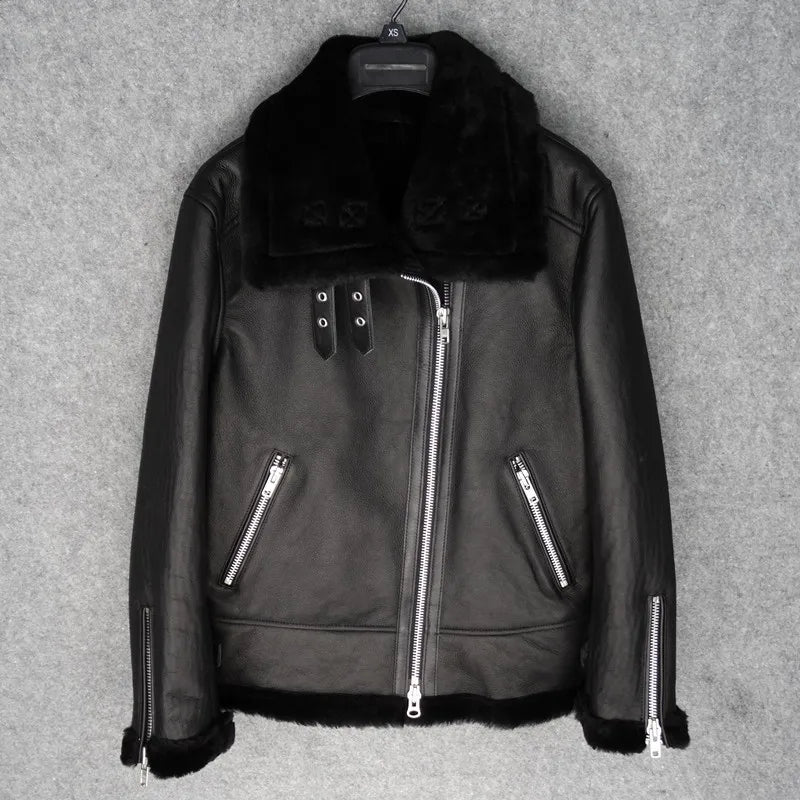 CC SHop Best.Guarantee Genuine leather jacket with fur.Winter warm women 100% shearling coat.Street sheepskin with wool jackets