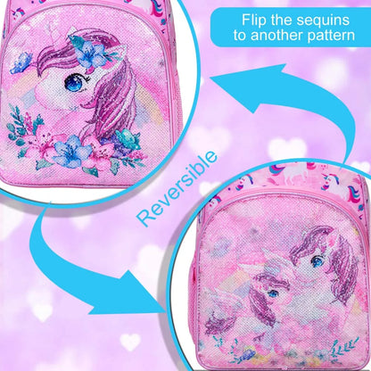 3PCS Unicorn Backpack for Girls, 16”Kids Sequin Bookbag with Lunch Box, School Bag for Elementary Toddler