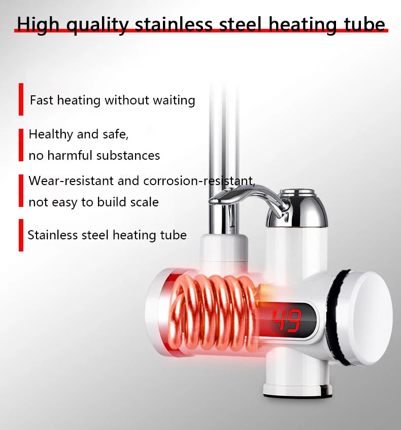 DMWD Electric Instant Hot Water Faucet Stainless Steel Water heater with LED Temperature Display Tankless Tap For Kitchen shower
