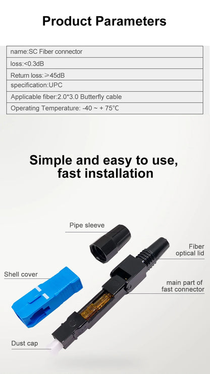 ONTi 50-400pcs Embedded SC UPC Fiber Optic Fast Connector FTTH Single Mode Optical Quick Connector SC Adapter Field Assembly