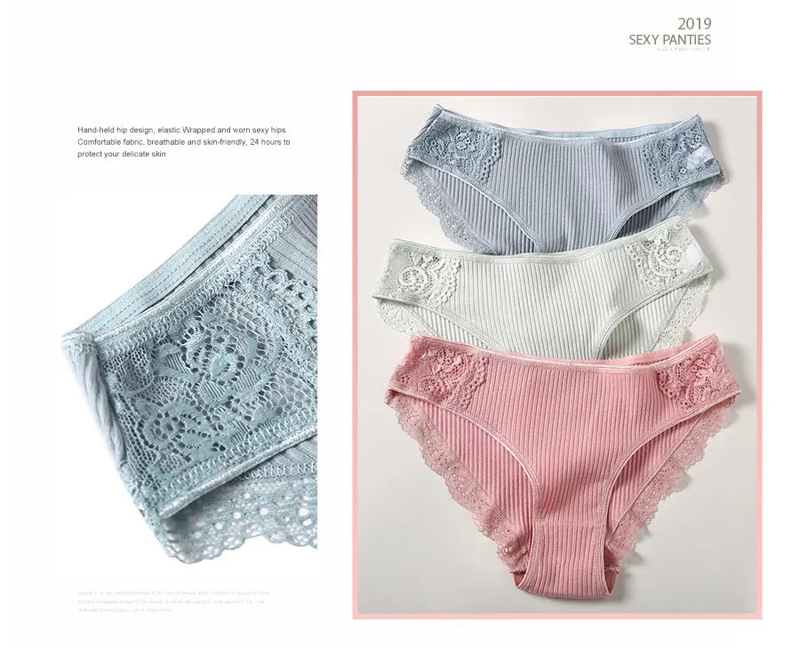 FINETOO 3Pcs/set Women Cotton Panties M-2XL Low-Rise Underwear Trendy Patchwork Lace Briefs Female Soft Underpants Lingerie 2022