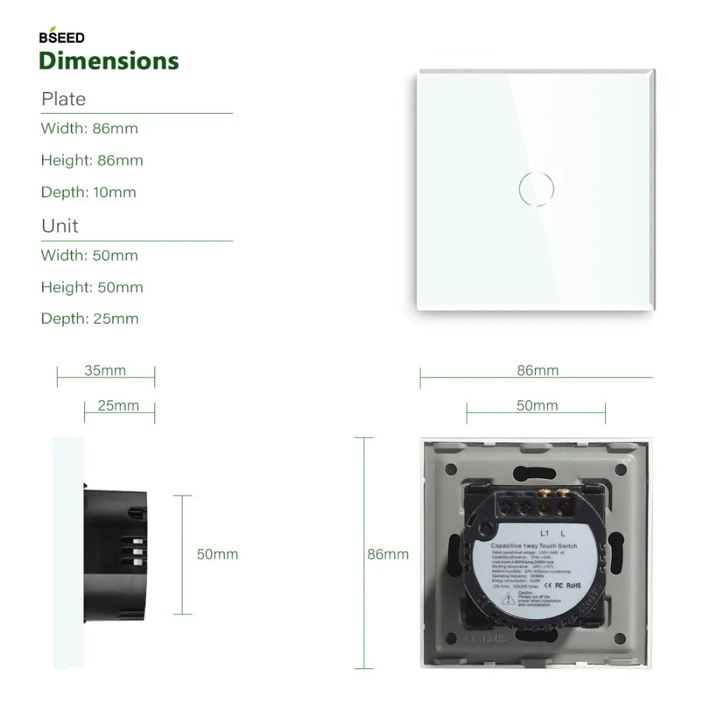 Bseed Touch Light Switch 1/2/3 Gang 1/2 Way Intermediate Stair Switch EU Power Sensor Switches Black White With Glass Panel
