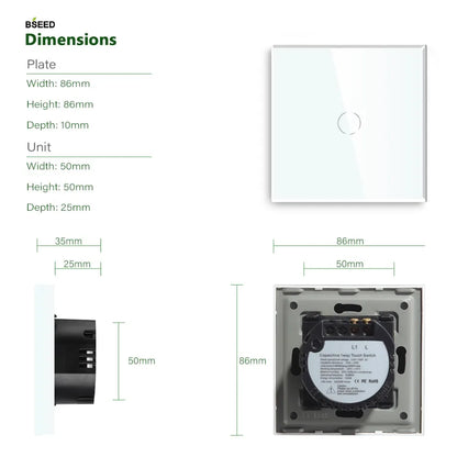Bseed Touch Light Switch 1/2/3 Gang 1/2 Way Intermediate Stair Switch EU Power Sensor Switches Black White With Glass Panel
