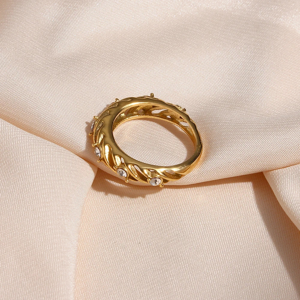 E.B.belle Thin 18K Gold Plated Hollow Texture Natural Freshwater Pearl Rings For Women Stainless Steel Tarnish Free Gold Ring