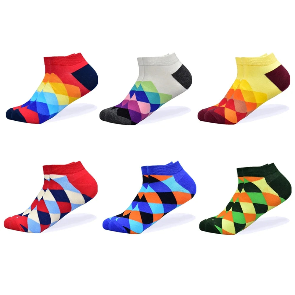 6 Pairs Men Novelty Fashion Colorful Casual Ankle Short Socks Harajuku Grid Space Cotton Happy Funny  Men Women Socks