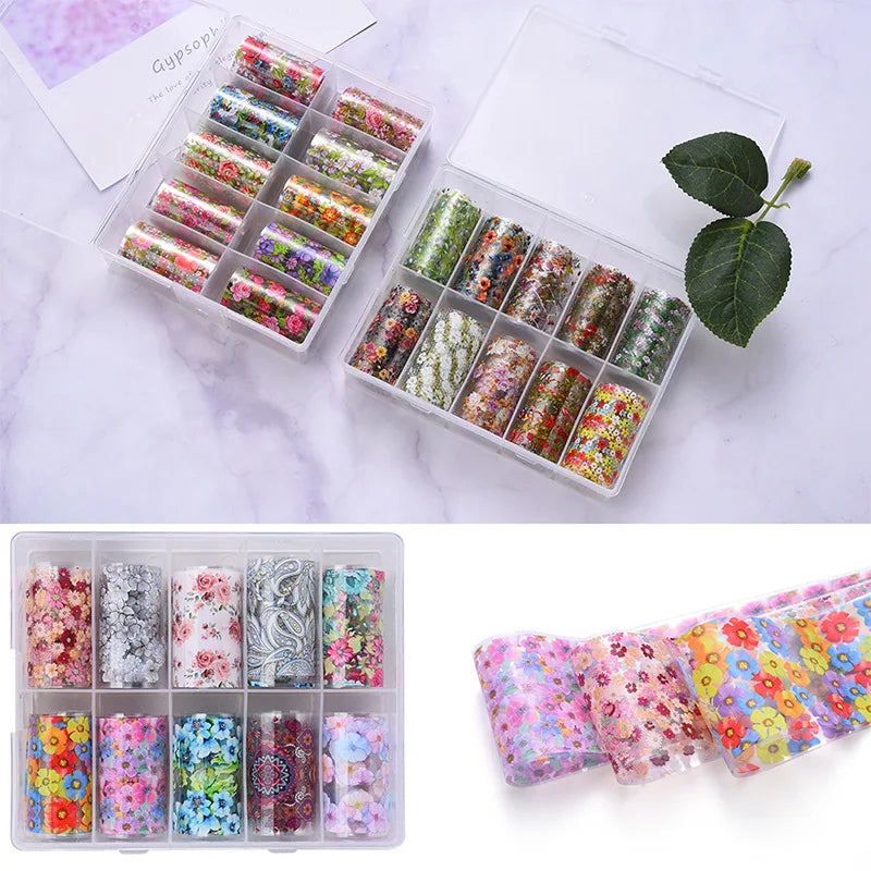 10 Patterns New Metal Nail Foils for Transfer Paper Stickers Floral Chameleon Nails Wraps DIY Water Marble Nail Art Decorations