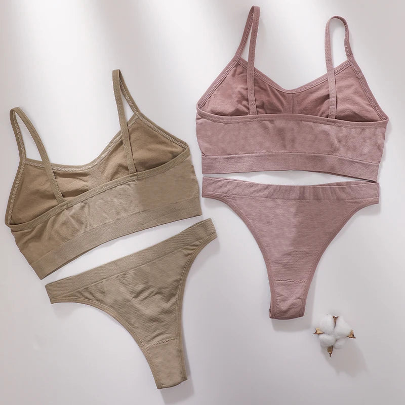 Women Seamless Bra And Panties Set Wire Free Bralette High Leg Cut Thongs Comfort Ribbed Unlined Underwear Sexy Lingerie Set
