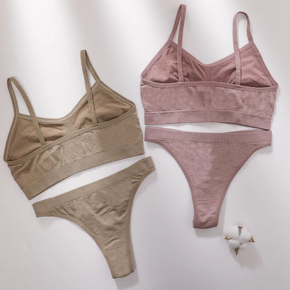 Women Seamless Bra And Panties Set Wire Free Bralette High Leg Cut Thongs Comfort Ribbed Unlined Underwear Sexy Lingerie Set