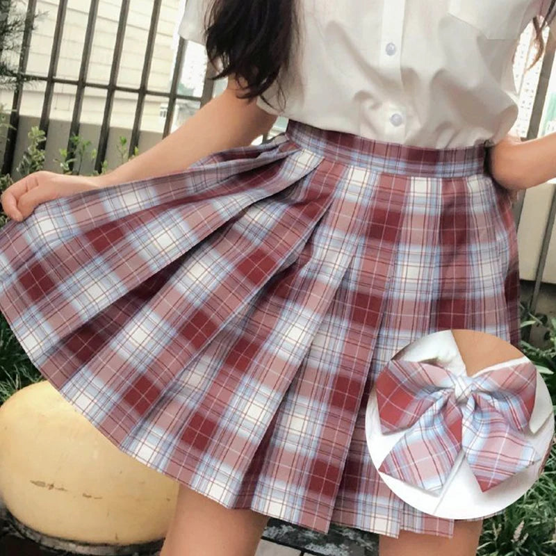 JMPRS Plaid Women Pleated Skirt Bow Knot Summer High Waist Preppy Girls Dance Mini Skirt Cute A Line Harajuku Sexy Japan Faldas