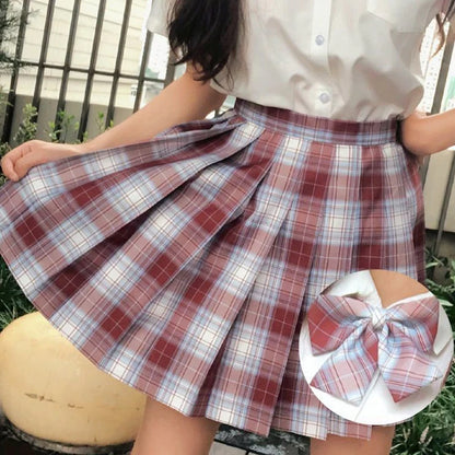 JMPRS Plaid Women Pleated Skirt Bow Knot Summer High Waist Preppy Girls Dance Mini Skirt Cute A Line Harajuku Sexy Japan Faldas