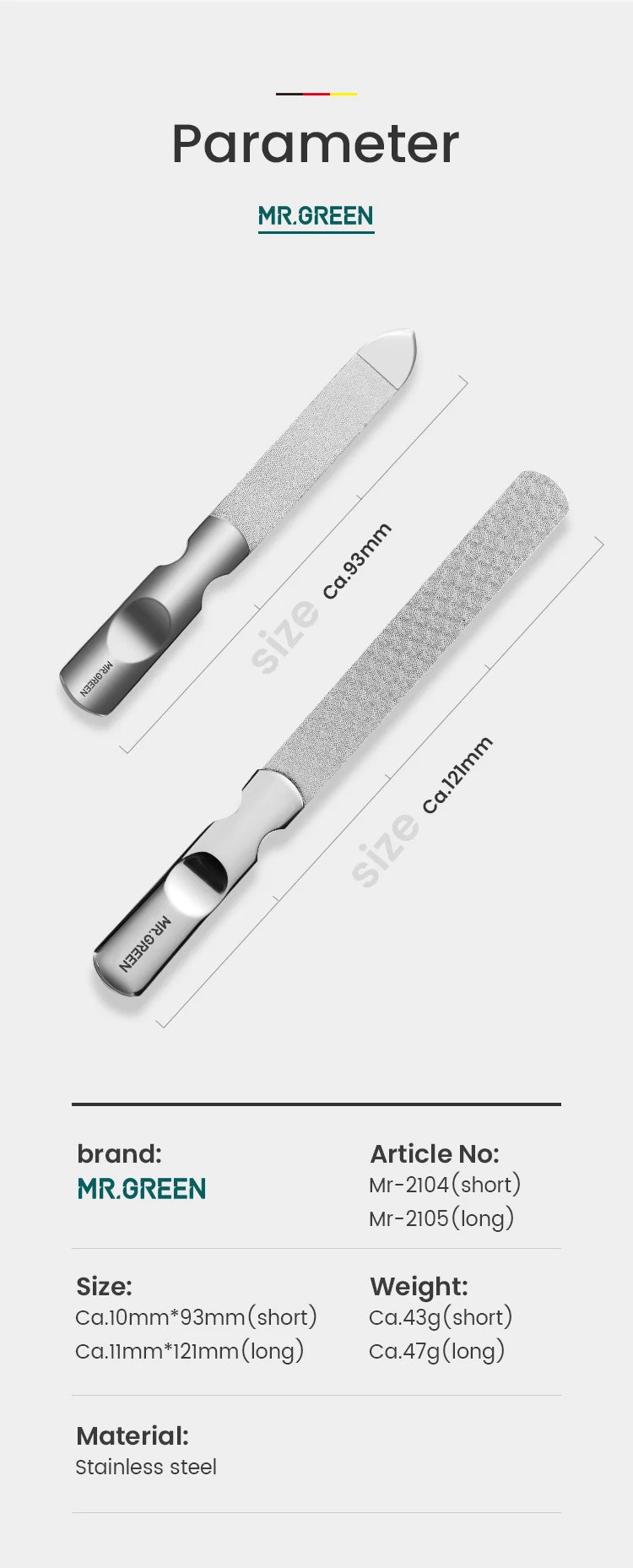 MR.GREEN Double Sided Nail Files Stainless Steel Manicure Pedicure Grooming For Professional Finger Toe Nail Care Tools