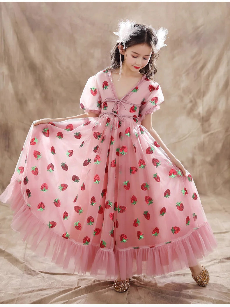 Girls Sequins Strawberry Pink Dresses Kids Dance Show Gowns Teen Girl Wedding Bridal Clothes Teenagers First Communion Dresses