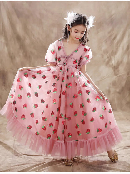Girls Sequins Strawberry Pink Dresses Kids Dance Show Gowns Teen Girl Wedding Bridal Clothes Teenagers First Communion Dresses