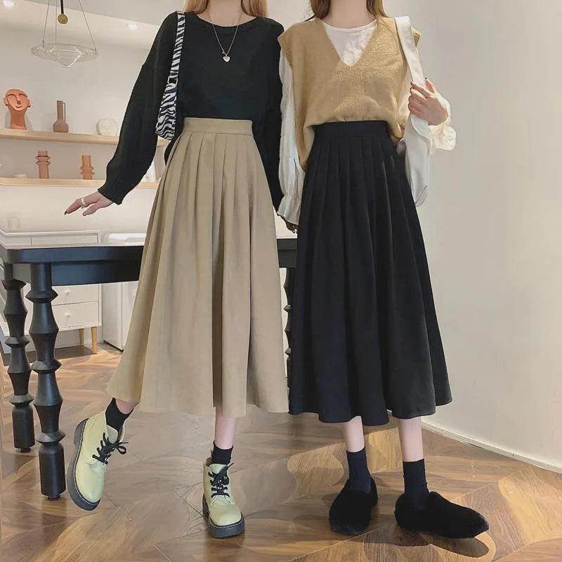 Lucyever Vintage Brown High Waist Pleated Skirt Women Korean Fashion College Style Long Skirt Ladies Autumn Casual A line Skirts