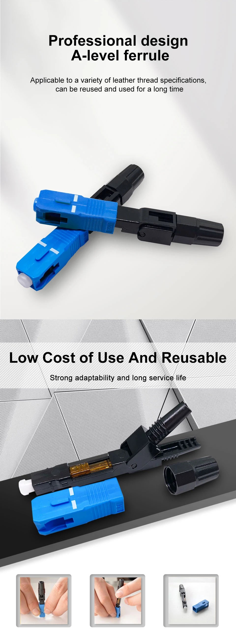 ONTi 50-400pcs Embedded SC UPC Fiber Optic Fast Connector FTTH Single Mode Optical Quick Connector SC Adapter Field Assembly