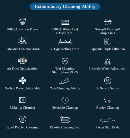 ABIR G20S Robot Vacuum Cleaner,Map Memory,6000Pa Suction,Remote Upgrade, Electric Wet Mop,WIFI APP Smart Floor Washing for Home