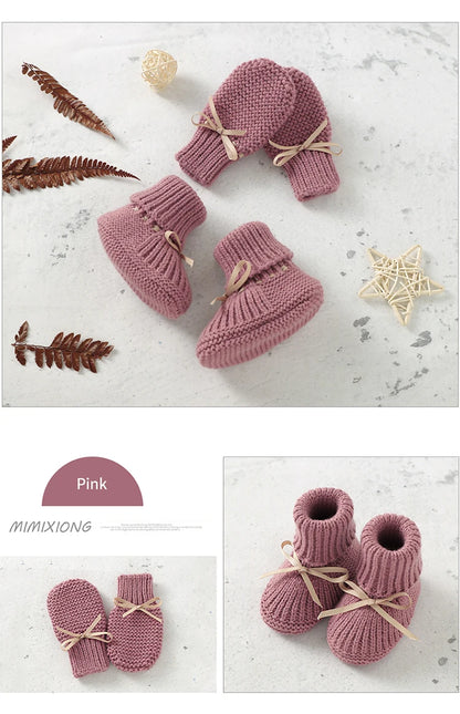 Baby Shoes + Gloves Set Knit Newborn Girls Boys Boots Mitten Fashion Butterfly-knot Toddler Infant Slip-On Bed Shoes Hand Made