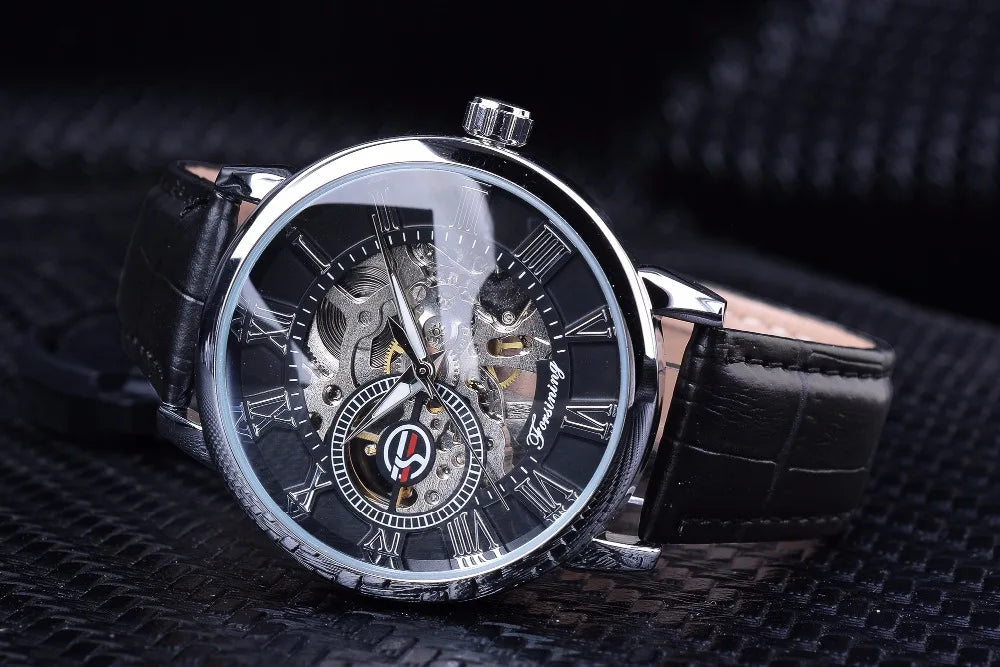 Forsining 3d Logo Design Hollow Engraving Black Golden Case Leather Skeleton Mechanical Watches Men Luxury Brand Heren Horloge