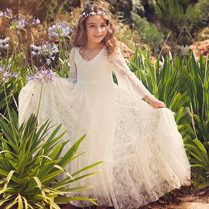 Kids Clothes White Lace Girls Full Sleeve Princess Dress Wedding Fancy Girl Long Dresses Elegant Evening Party Ball Gown 2 to 14