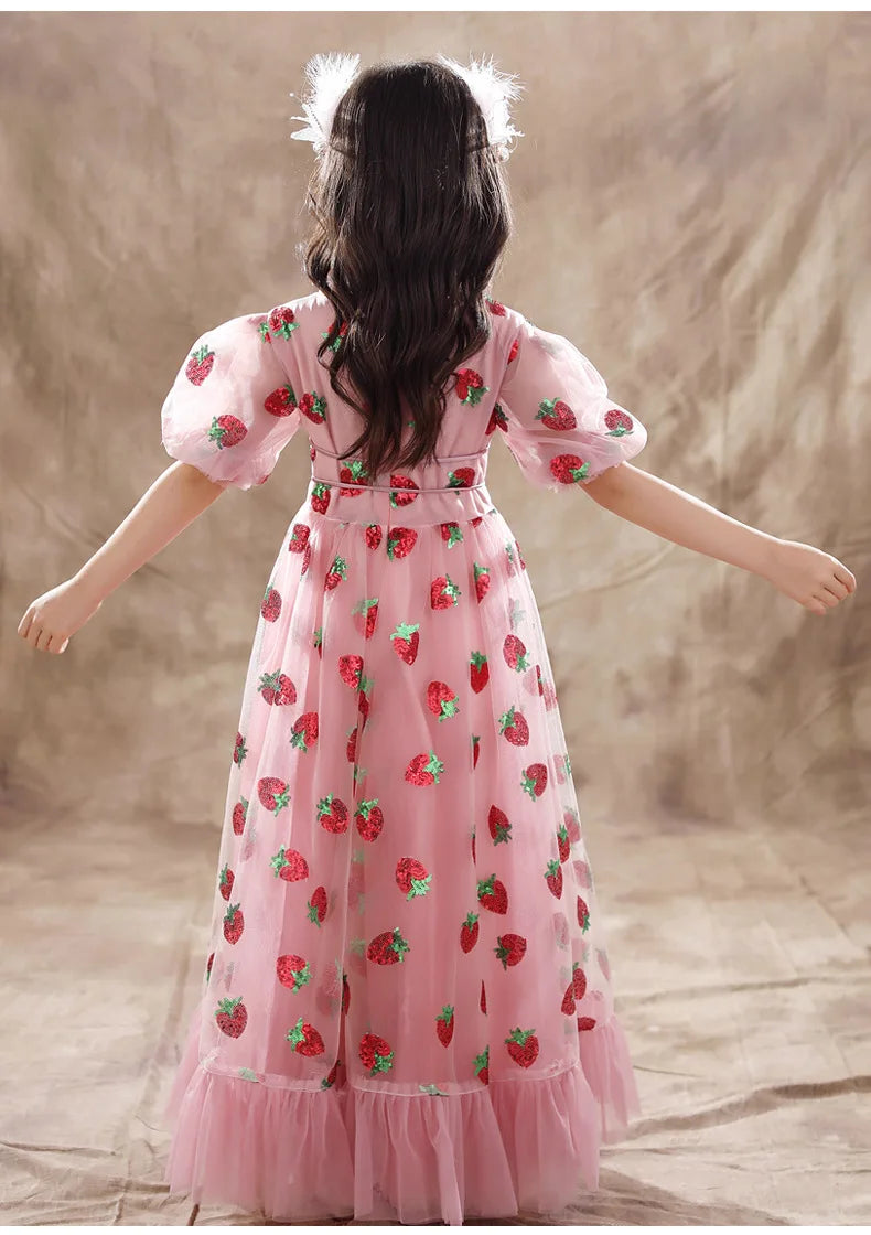Girls Sequins Strawberry Pink Dresses Kids Dance Show Gowns Teen Girl Wedding Bridal Clothes Teenagers First Communion Dresses