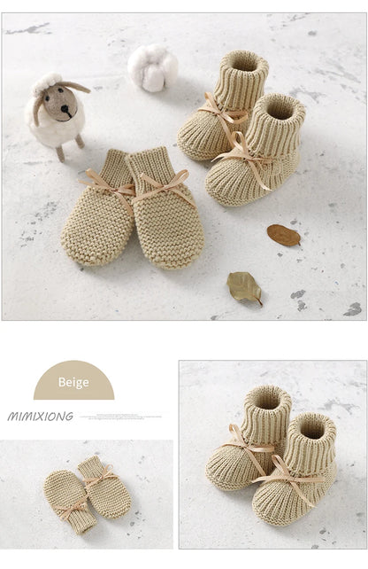 Baby Shoes + Gloves Set Knit Newborn Girls Boys Boots Mitten Fashion Butterfly-knot Toddler Infant Slip-On Bed Shoes Hand Made