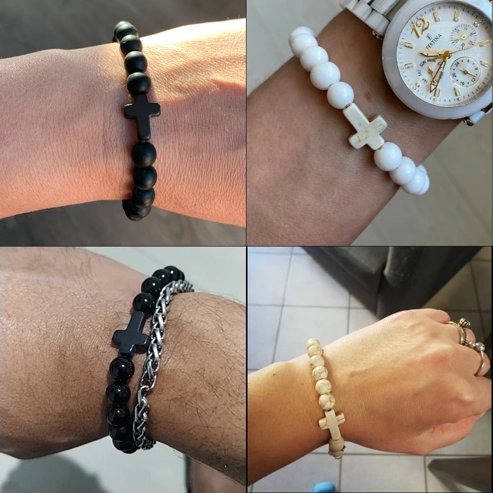 Fashion Jesus Cross Natural Stone Bracelets Charm Blue Pine Stone Black Lava Matte Beaded Bracelets Bangles Women Yoga Jewelry