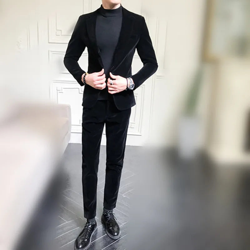 Mens Suits Wine Red Black Green Suits For Man Groom Wedding Velvet Tuxedo Velour Blazer Jackets Pants 2 Piece Costume Homme New