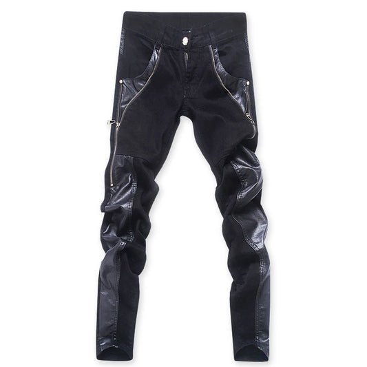 Fashion Designer Men's Black Zipper Motorcycle Leather Pants Korean Slim Skinny splice Leather Pants Fashion Men's Denim Pants