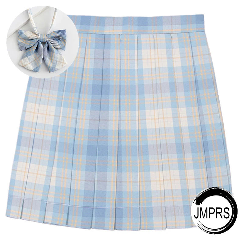 JMPRS Plaid Women Pleated Skirt Bow Knot Summer High Waist Preppy Girls Dance Mini Skirt Cute A Line Harajuku Sexy Japan Faldas