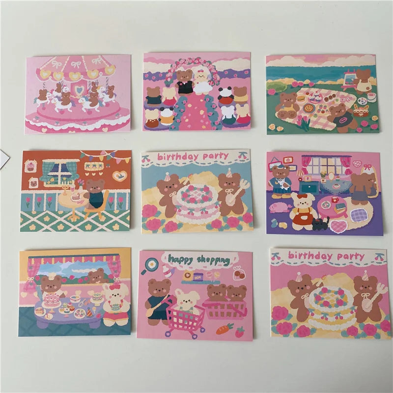 9pcs Cute Bear Birthday Double Sided Decorative Card Pink Background Journal Album Wall Sticker Photo Props Stationery Gift