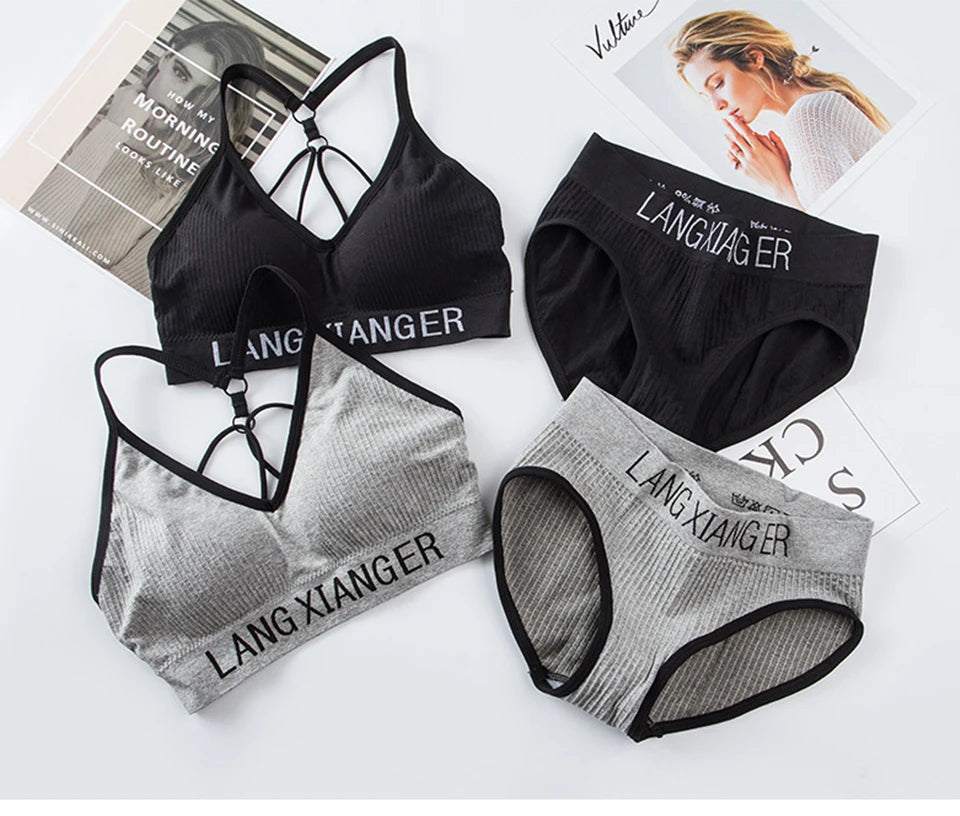 New Women's Cotton For Underwear Set Letter Sports Bra  Seamless Female Underwear Comfort No Steel Ring Suit Solid Color Chest