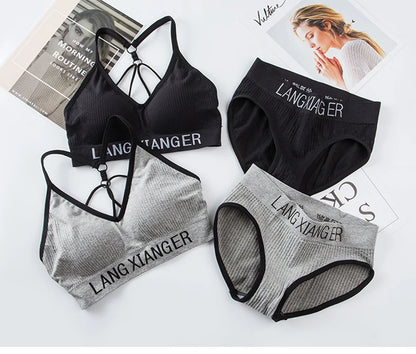 New Women's Cotton For Underwear Set Letter Sports Bra  Seamless Female Underwear Comfort No Steel Ring Suit Solid Color Chest