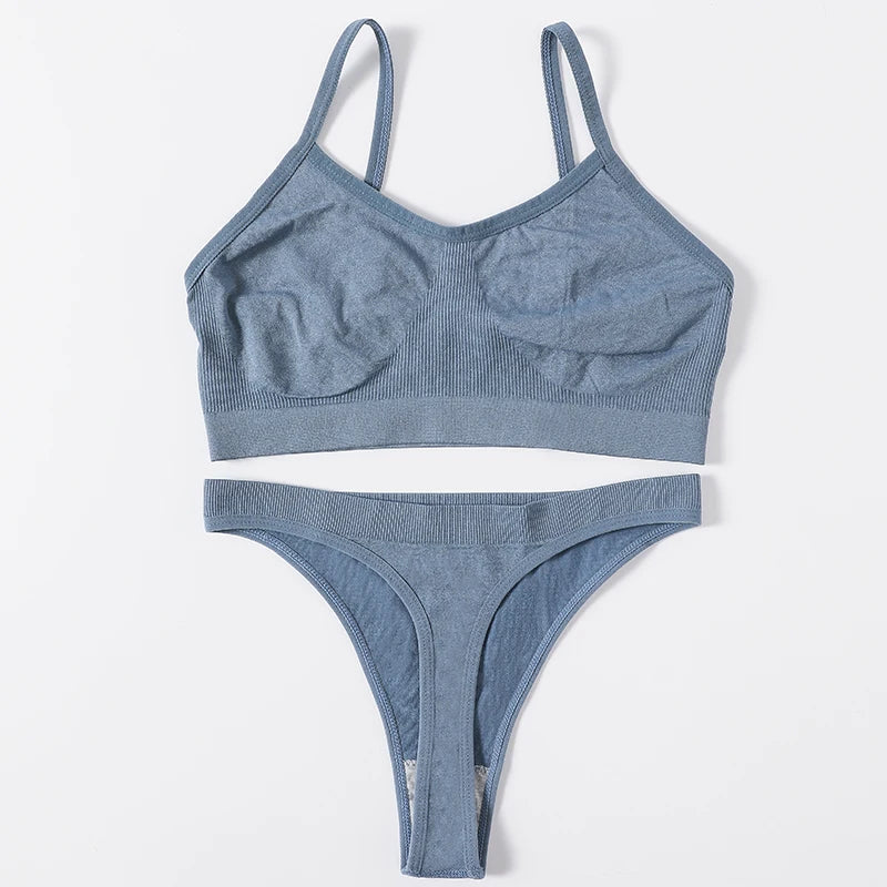 Women Seamless Bra And Panties Set Wire Free Bralette High Leg Cut Thongs Comfort Ribbed Unlined Underwear Sexy Lingerie Set