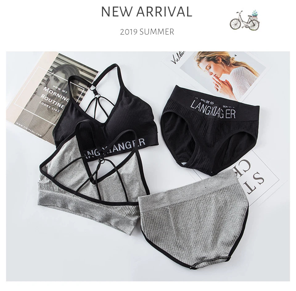 New Women's Cotton For Underwear Set Letter Sports Bra  Seamless Female Underwear Comfort No Steel Ring Suit Solid Color Chest