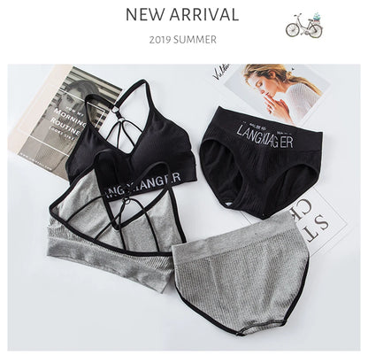 New Women's Cotton For Underwear Set Letter Sports Bra  Seamless Female Underwear Comfort No Steel Ring Suit Solid Color Chest