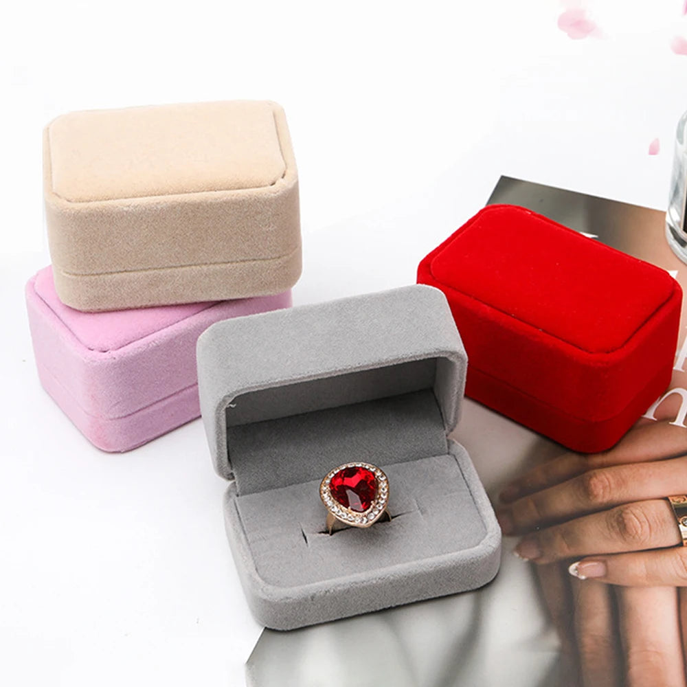 Velvet Ring Box Couple Double Ring Earrings Display Holder Case Proposal Engagement Wedding Marriage Anniversary Jewelry Packing