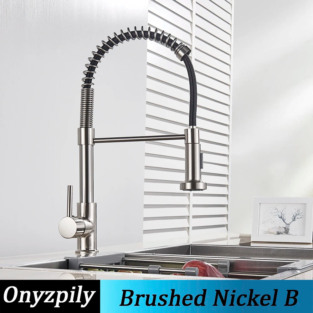 Spring Brushed Kitchen Sink Faucet Pull Down Sprayer Nozzle Single Handle Faucets Mixer Hot Cold Stainless Steel Modern