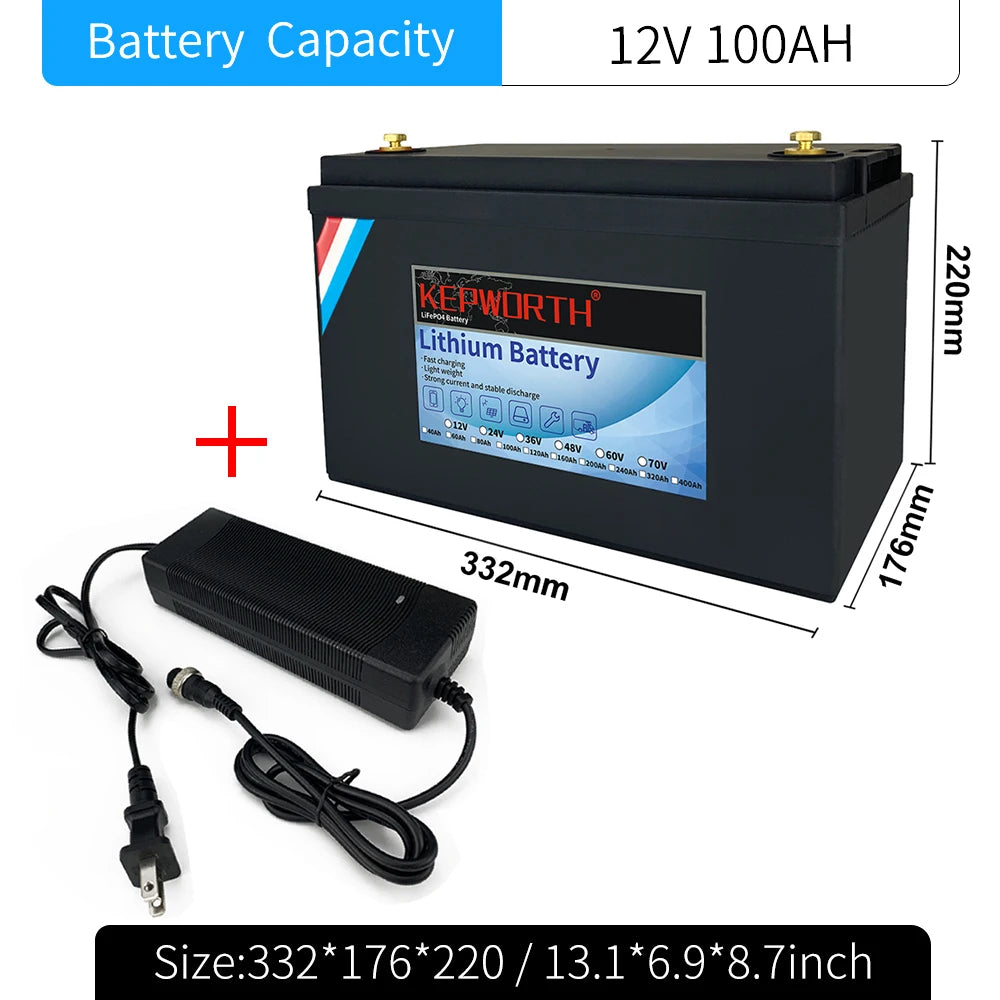 12V/24V LiFePO4 Battery with BMS - 30/50/100/120/135/300Ah for Golf Cart, Solar, RV, EV - Long Lifespan