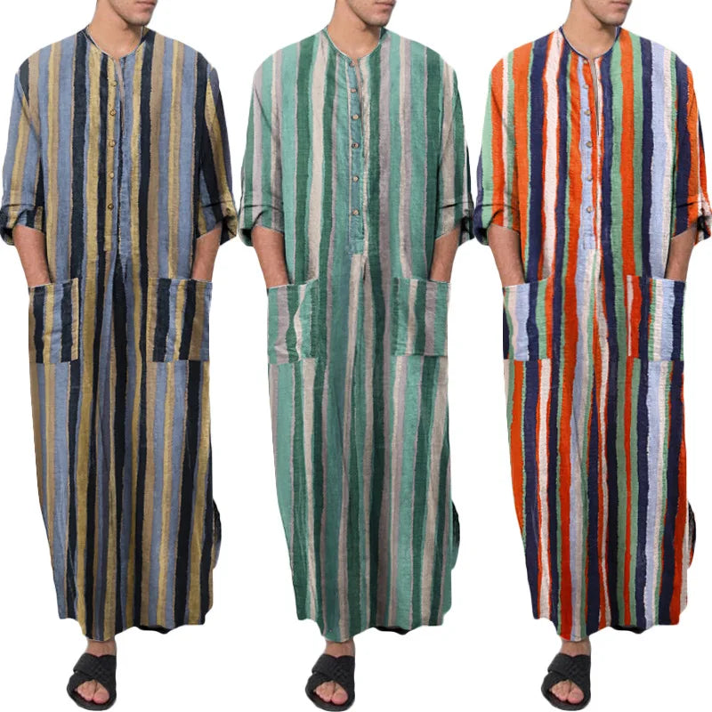 New Men Islam Qamis Muslim Striped Robes Long Sleeve Button-down Arabian Kaftan Suit Middle East Dubai Abaya Summer Man Clothing