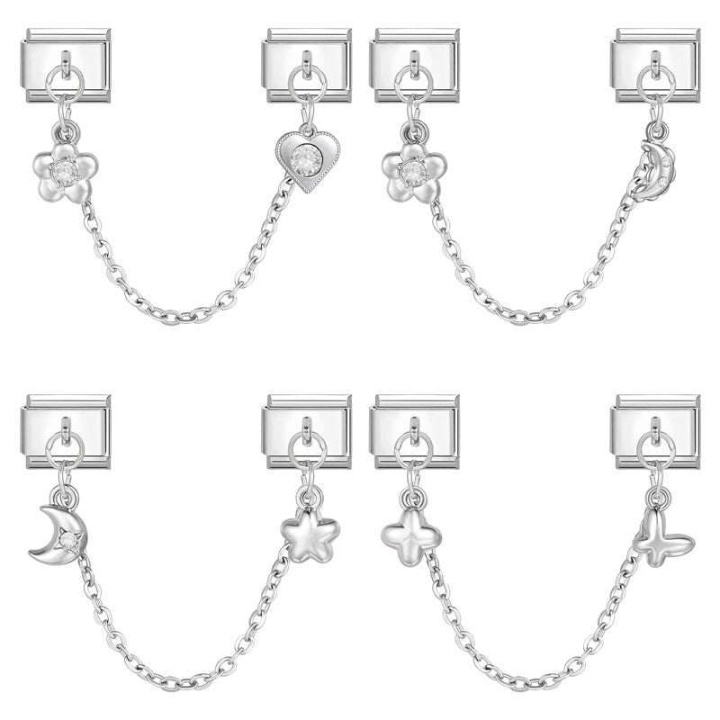 Tassel Chain Butterfly Flowers Star Moon Heart Zircon Italian Charm Links Fit 9mm Bracelet Stainless Steel DIY Jewelry Making