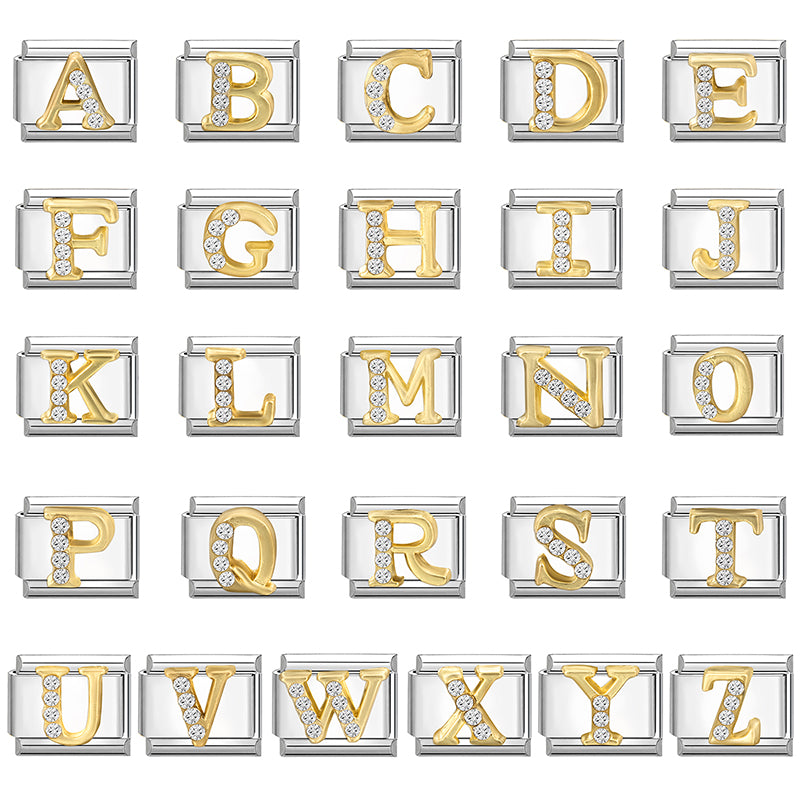 New Girls Italian Bracelet 26 English Letters Charm Stainless Steel Bangle Gold Color Inlaid Zirconia DIY Making Jewelry Gifts