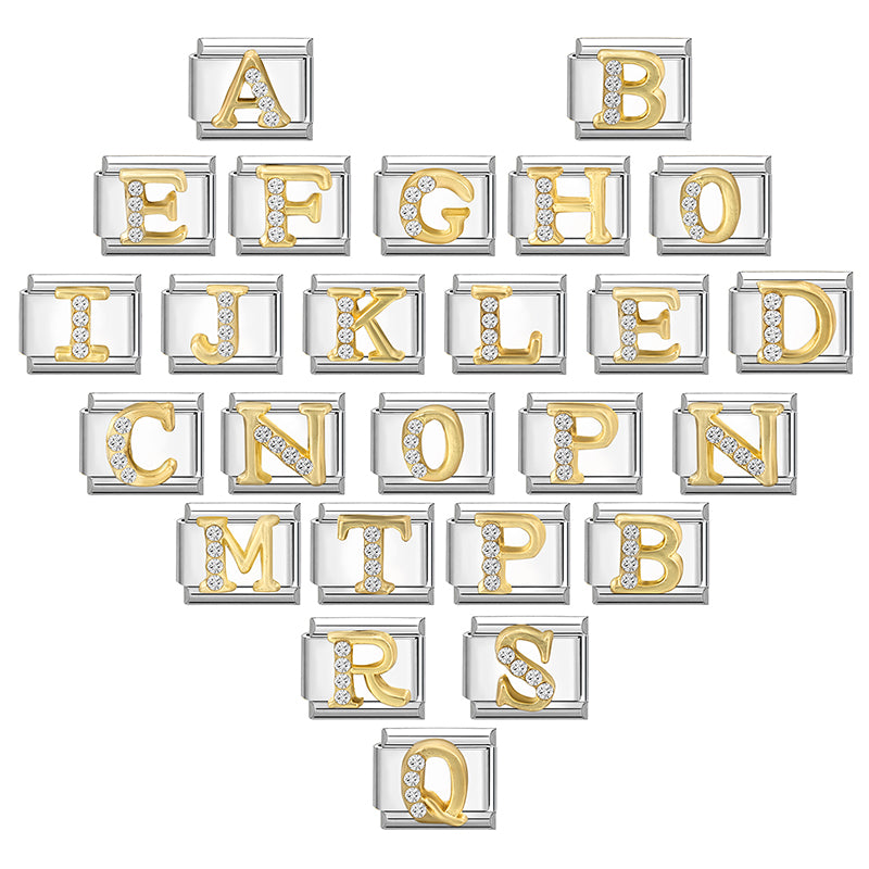 New Girls Italian Bracelet 26 English Letters Charm Stainless Steel Bangle Gold Color Inlaid Zirconia DIY Making Jewelry Gifts
